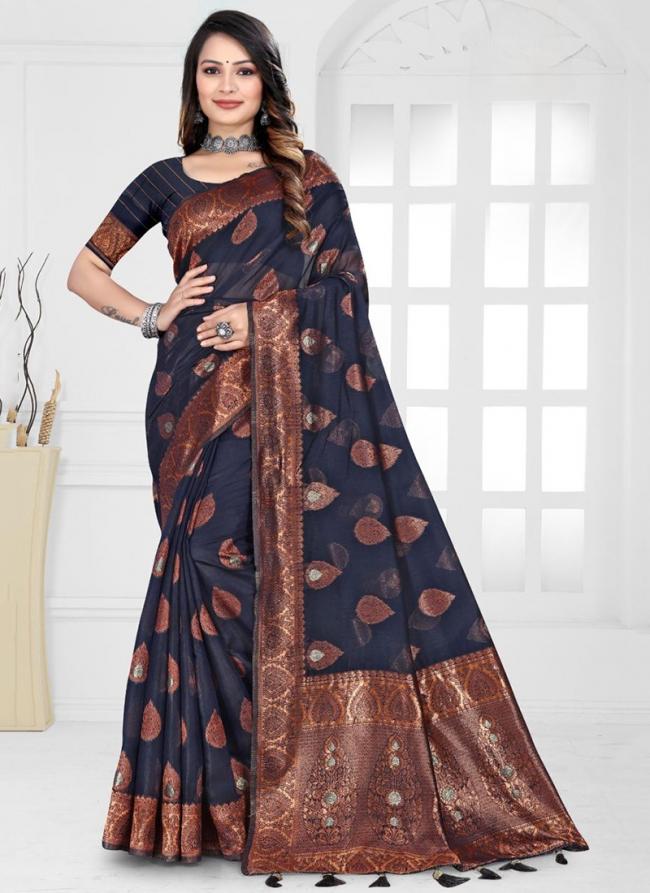 Top Dyed Silk Navy Blue Festival Wear Weaving Saree